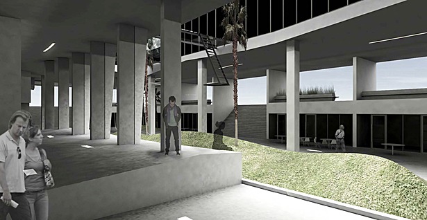 Within the plaza - planted, shaped berms correspond with courtyard like cuts through the lifted podium