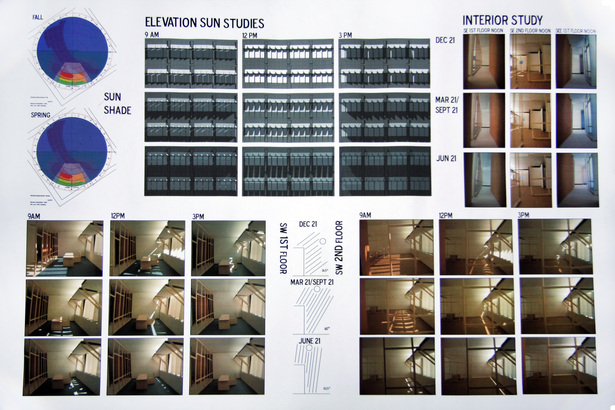 Our second board that includes the shade mask and radiation overlays (top left), exterior sun study (top center), NE interior photos (top right), and year-round interior heat gain studies of the first (bottom left) and second (bottom right) floors