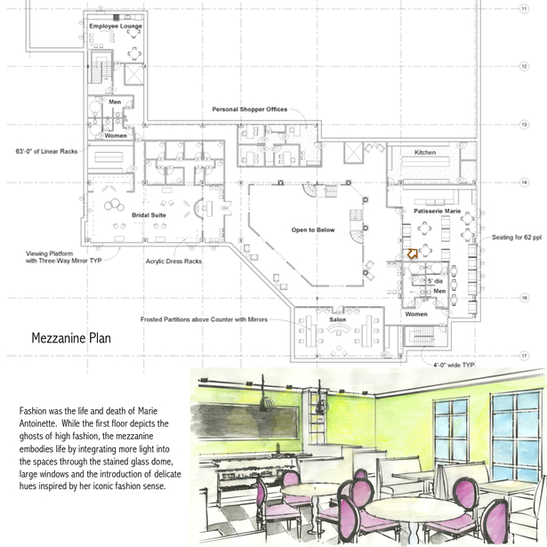 Second Flor Plan and interior perspective of Patisserie Marie