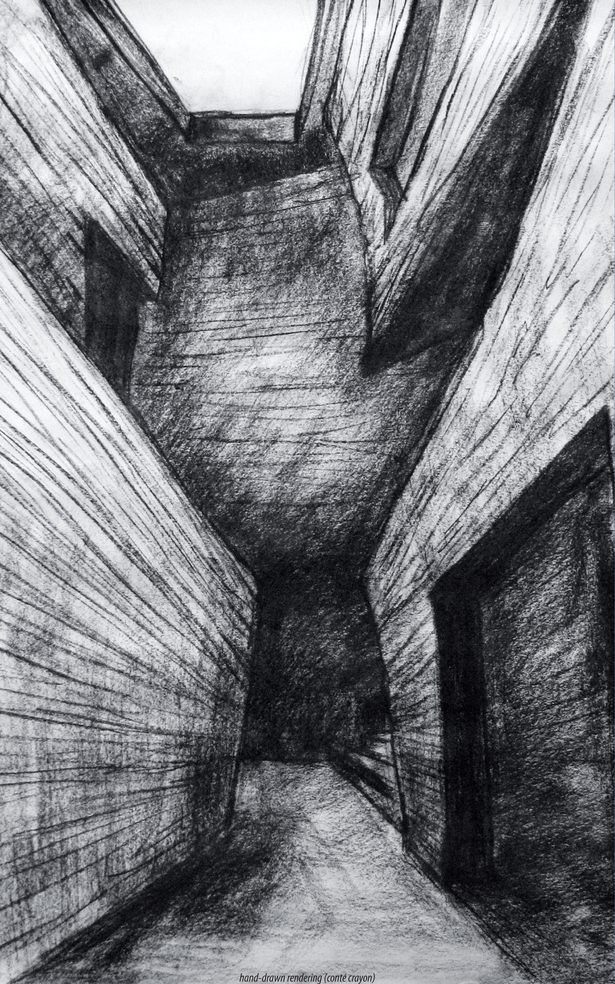 hand-drawn rendering (conte crayon)