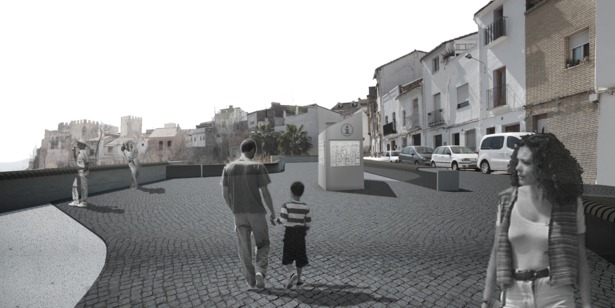 Perspective from rooftop plaza