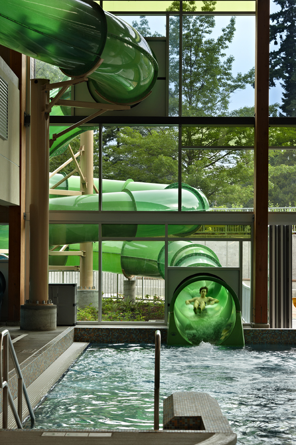 Waterslide that goes outside, then back inside