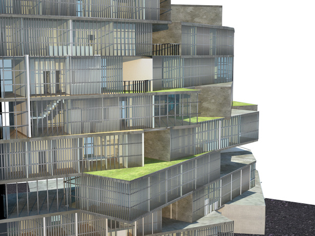 project rendering showing the dynamic fenestration and varying interstitial spaces among the residences