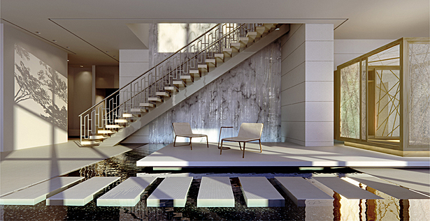 Zen garden with waterfall and reflecting pool