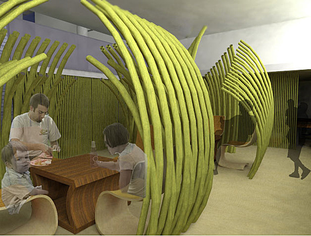Inspired by the large leaves and how they form a space underneath, this series of green barriers are designed to evoke a sense of intimacy, and serve as buffer zones from the people passing by.