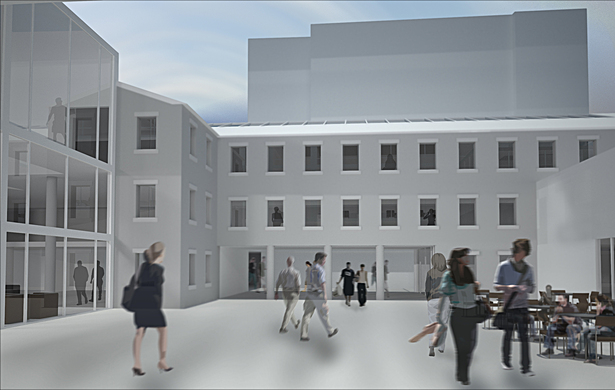 Plaza rendering with connection to arcade in background