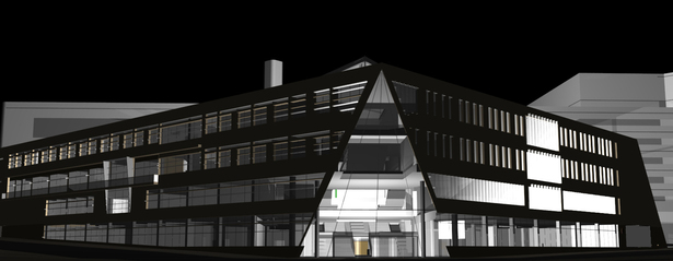 South (ground level) entry, night
