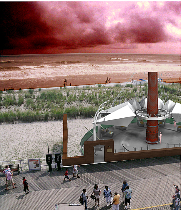 busy boardwalk view of the memorial toward the ocean
