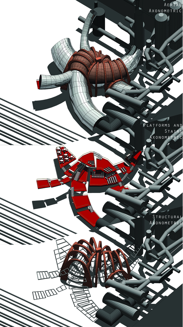 Layered Axonometric of Tube, Platform, and Structure