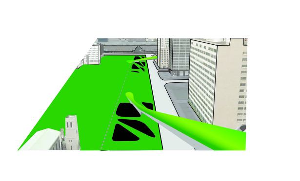 Existing infrastructures (people mover stations, terraces) are connected to the plaza. 