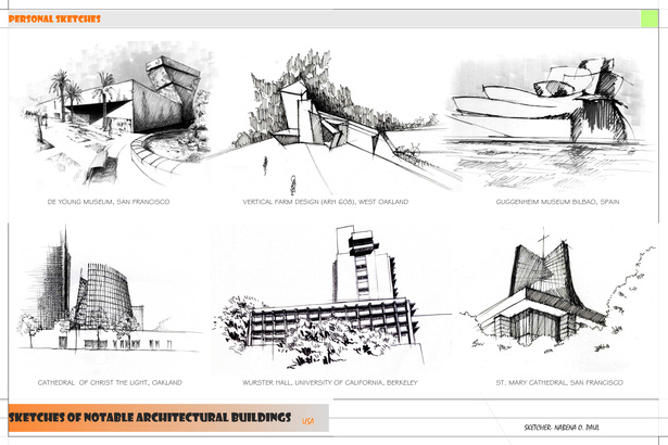 Sketches of notable architectural buildings.