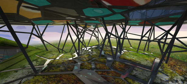 The public space accentuates the physical out of necessity through its undulating landscape - a form working with the interior to create the varied qualities of the practice rooms - and through the introduction of vegetation varying in hardness/softness, density, height, color, etc. Through the real time transmission of sound and video into the integrated public park space, the interior becomes a machine for spectacle on the outside without entering the Buardillardian virtual. Work, play...