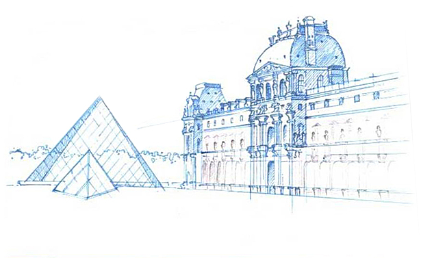 Hand Sketch - The Louvre, Paris, France (Pen & Ink)