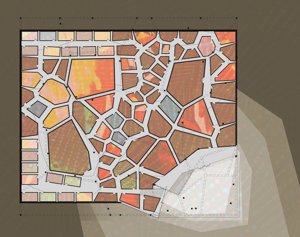 The entrance at the bottom right serves as a meeting place. After entering, one can navigate the pathways around the separate spaces. The hallways create a double wall between the rooms, allowing some sound to transmit into the hallway itself, but not between enclosed spaces. This transmission adds a derive-like quality to one’s navigation through the interior spaces, similar in its dispersed localization of sound to the transmitted sounds in the public spaces above. Producers occupy the...