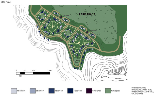 The site is able to provide community based homes for students, and private residences for faculty, as well as parks, shops, and recreational activity. 