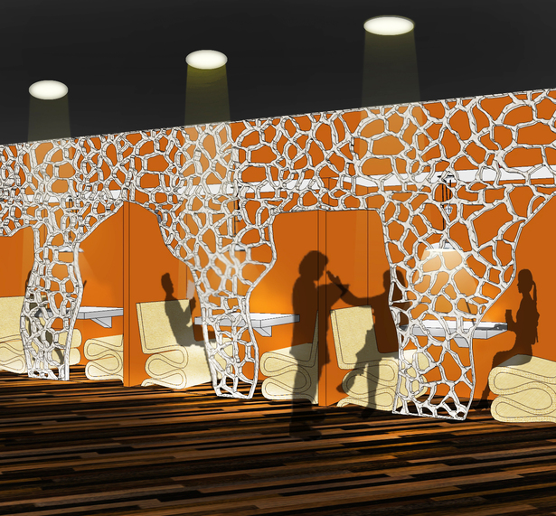 The library study booths, with their giraffe print partition wall and their cardboard chairs inspired by Gehry