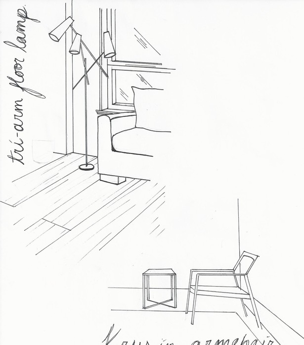 Details of lamp & chair, pen on paper, 8.5