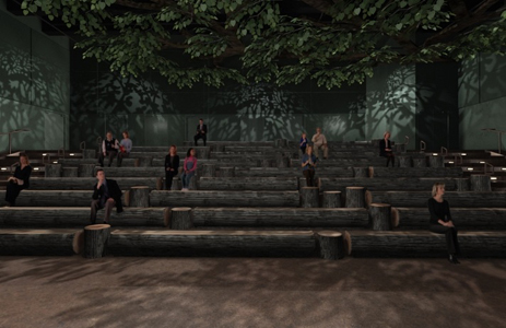 The Monkey's Tree Theater in the Ngong Ping Theme Village. Participants are seated to enjoy an animated film inspired by the famous Buddhist Jataka stories. (Artistic Rendering)