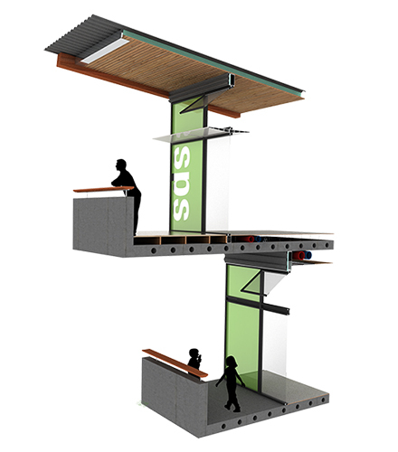 Section cut through classroom showing Kawneer storefront system and light shelf