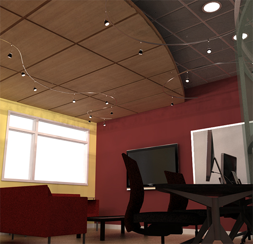 View of ceiling that uses different materials and heights to help divide the program