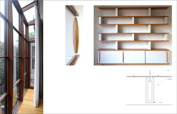 Left: Rear Parlor Oriel Window; Middle: Detail of Shelving Unit Sliding Door; Right: Rear Parlor Shelving Unit (Below: Plan Detail of Shelving Support)