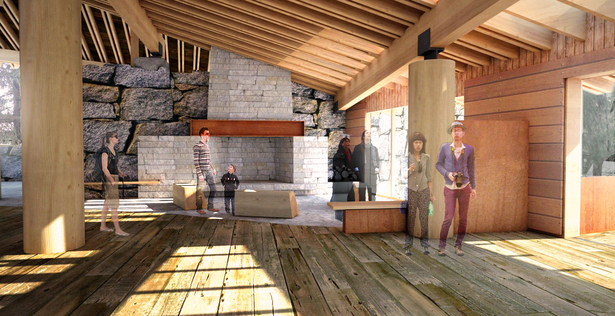 Main exhibit interior, fireplace.