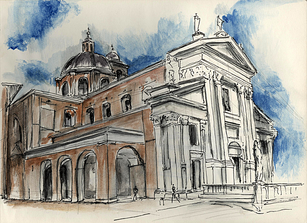Church in Urbino, Italy (water colour + ink)
