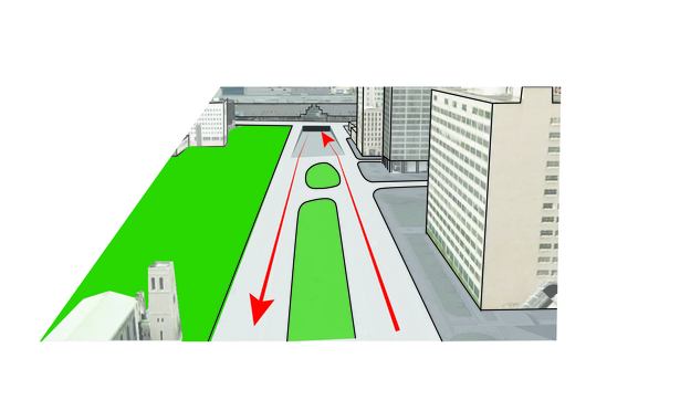 Existing traffic acts as a barrier between downtown and the waterfront plaza.