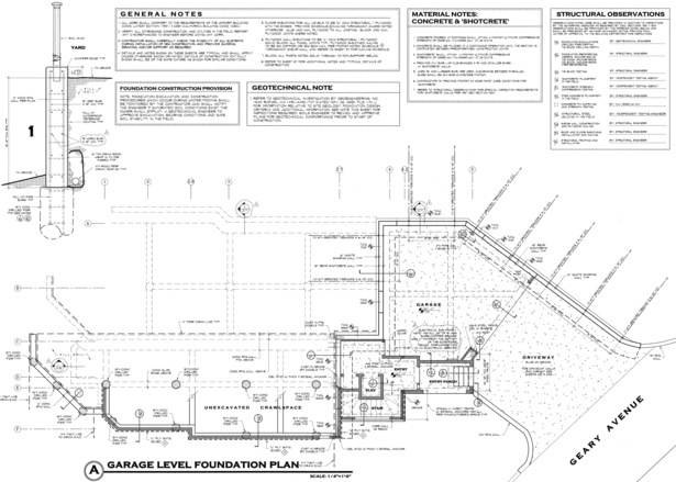 Foundation plan furthest downhill. Detail 1 shows a new cantilevered drilled pier retaining wall at a new streetside parking area required by the city. 