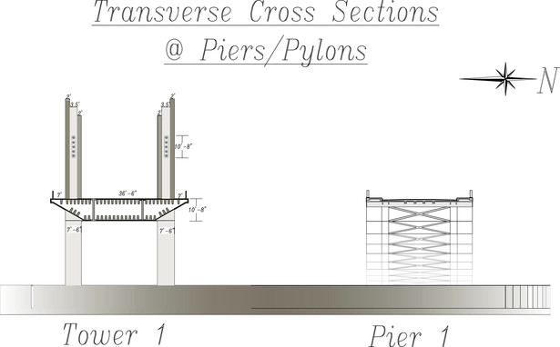 Peace & Friendship Bridges, Tower/Pier 1, Transverse X-Sections (CAD)