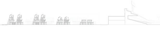 section showing the scale starting from the rail station [left] to fenway park [right]. terraced moments are used to introduced natural lighting into multiple levels of the community