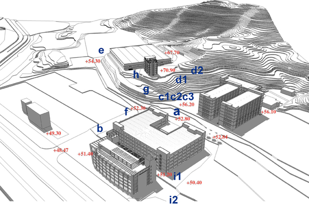 Existing site with several abandon factory buildings is at the foot of mountian.