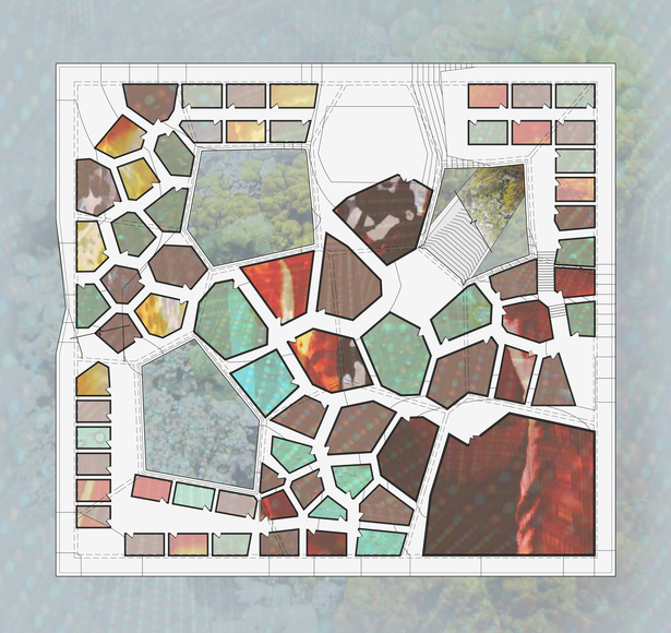 Spatial arrangements on the interior are derived as a fusion between the models of physical figure-ground and the digital network. The resulting translation is a model that uses points to create a phsyically inhabitable space of figure ground: the voronoi. This model generates spaces that are similar, but none the same, thus creating multi-functional spaces with varying spatial and acoustic characteristics. Smaller spaces are used for practice or creation with a small number of musicians, or...