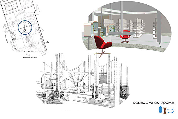 Rendering of Consultation Rooms Delineated by Customized Fish Tanks