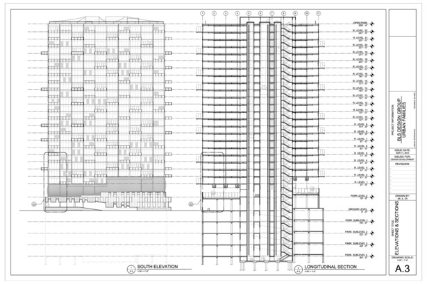 South Elevation, Seen from Downtown and Section of Structural & Systems