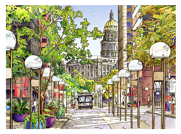 Hand Rendering - 16th Street Mall, Denver, CO. (Watercolor, Mixed media)