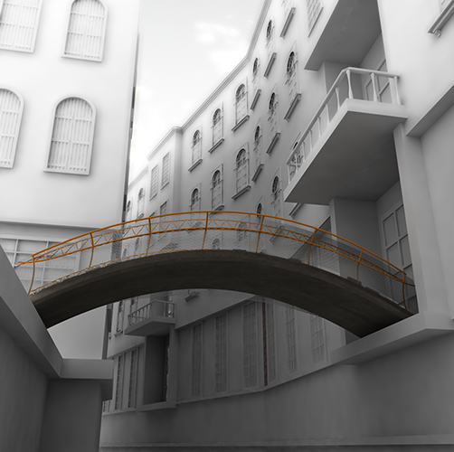View of pedestrian bridge from canal
