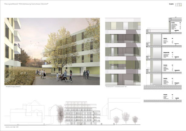 Technical section, exterior perspective & short elevation