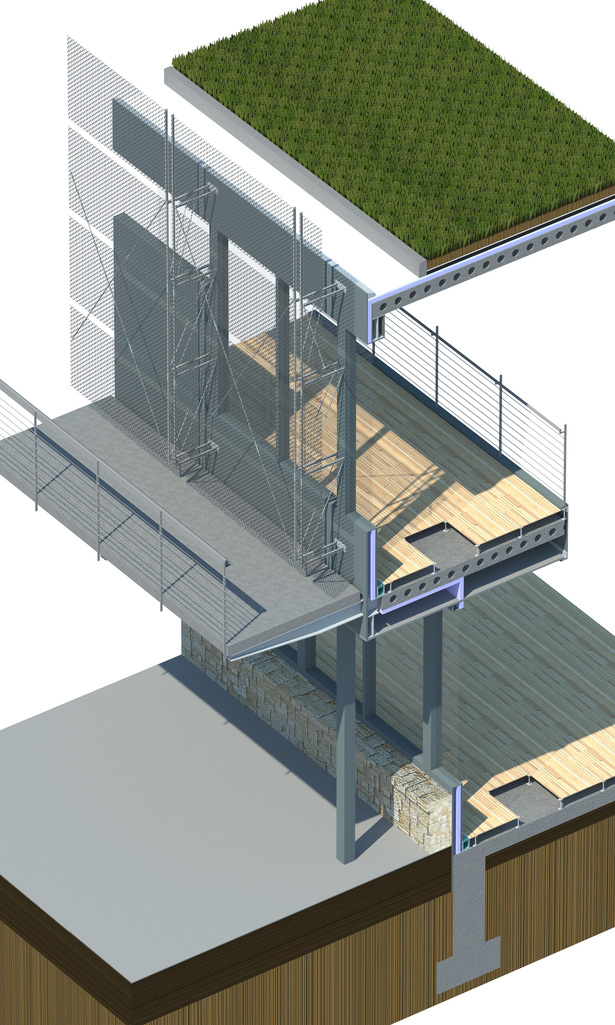 Section detail through entrance, roof, and balcony