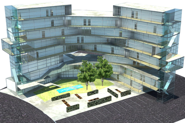 rendering of project proposal showing the circulation side and landscape elements