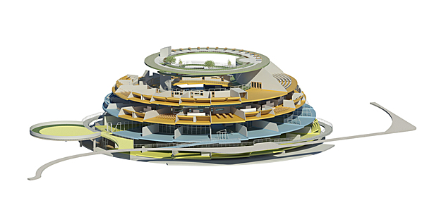 Campus International School proposal cutaway view with Elementary, Middle, High schools and Horticulture Sky Garden.