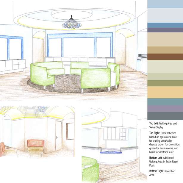 Interior perspectives of the optique's entry, reception, and secondary waiting area; color scheme based on eye colors 