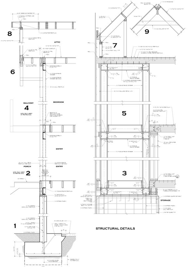 Structural details at Line F, including new MC10x28 Ordinary Steel Moment Frame. This frame has to fit inside the existing wall framing and some of it will have to be welded in situ. 