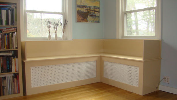 new built-in bench above operating cast iron radiators