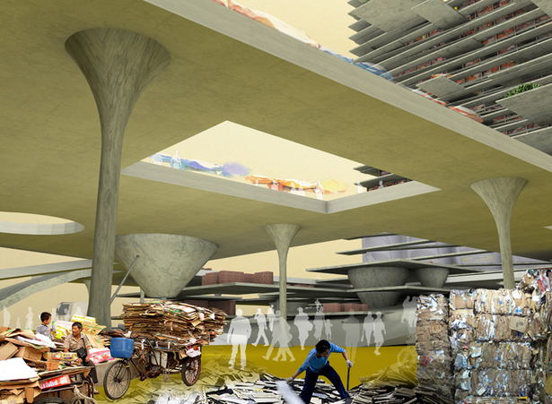 vertical kampung CBD area / waste recycle center