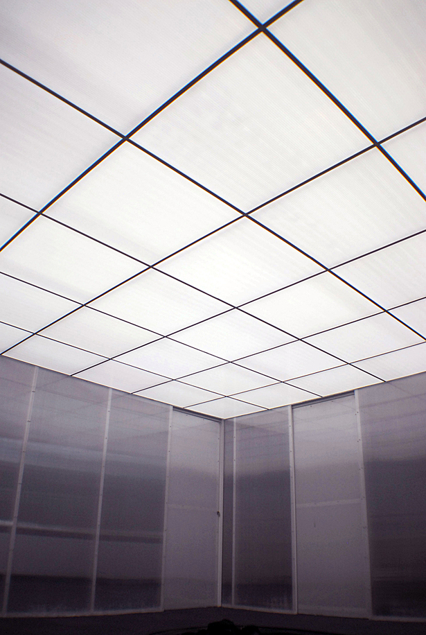 glowing polycarbonate ceiling, polycarbonate walls with pocket doors, reception area