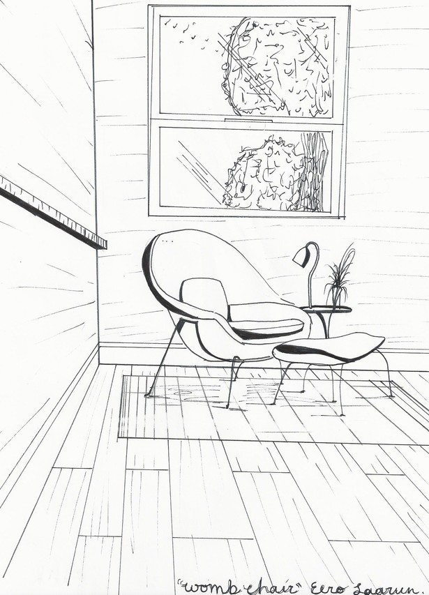 Sketch showing Womb Chair, pen on paper, 8.5