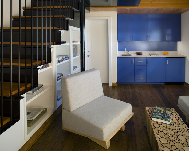 CONNECTICUT LAKE COTTAGE – Staircase & kitchenette