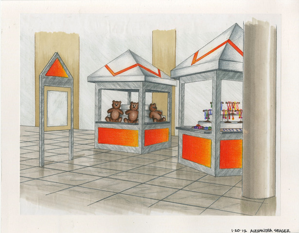 Mall quiosque done in marker and colored pencil.