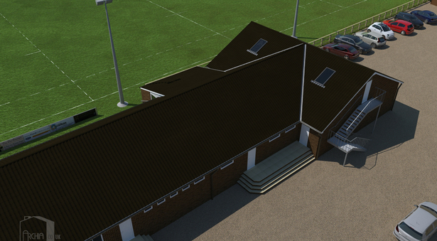 Midday view of clubhouse showing car-park and meeting room access.
